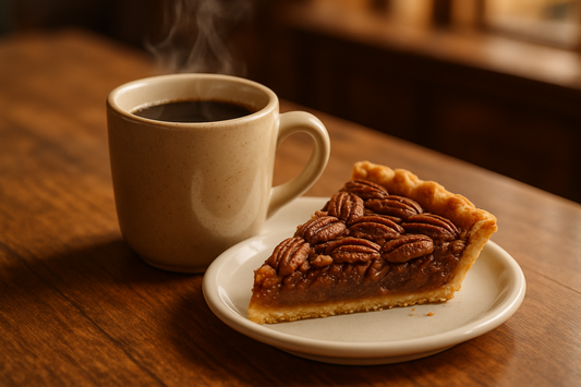 mug of coffee on a table with a slice of pecan pie on a plate