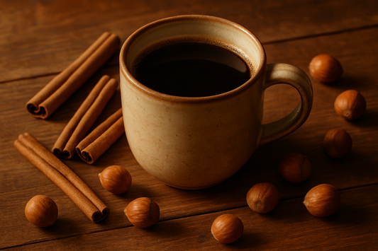 mug of coffee on a table with cinnamon sticks and hazelnuts around it