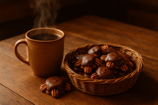 mug of coffee on a table with turtle candy in a basket