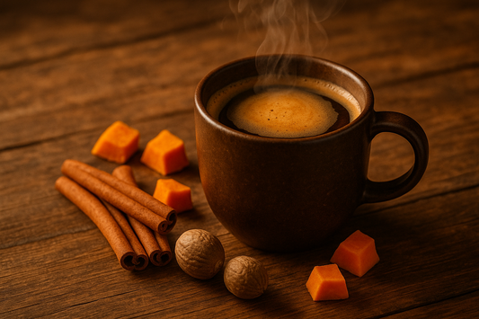 mug of coffee with The all natural flavoring has hints of pumpkin, cinnamon and nutmeg combined with a deep medium roast arabica coffee on table