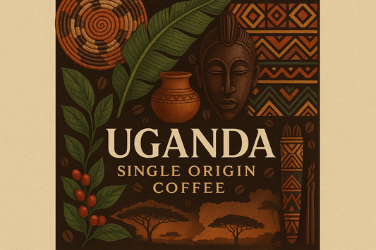 Uganda - Single Origin Coffee LABEL with indigenous items displayed
